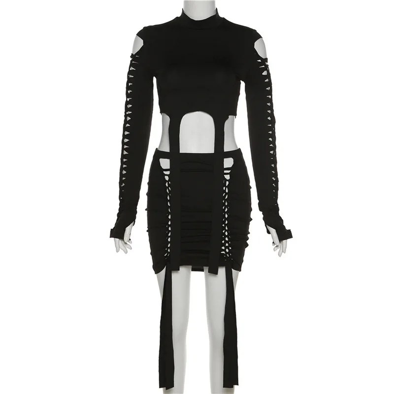 New autumn women's fashion round-neck long-sleeved hollowed-out T-shirt and a slimming, hip-hugging skirt set