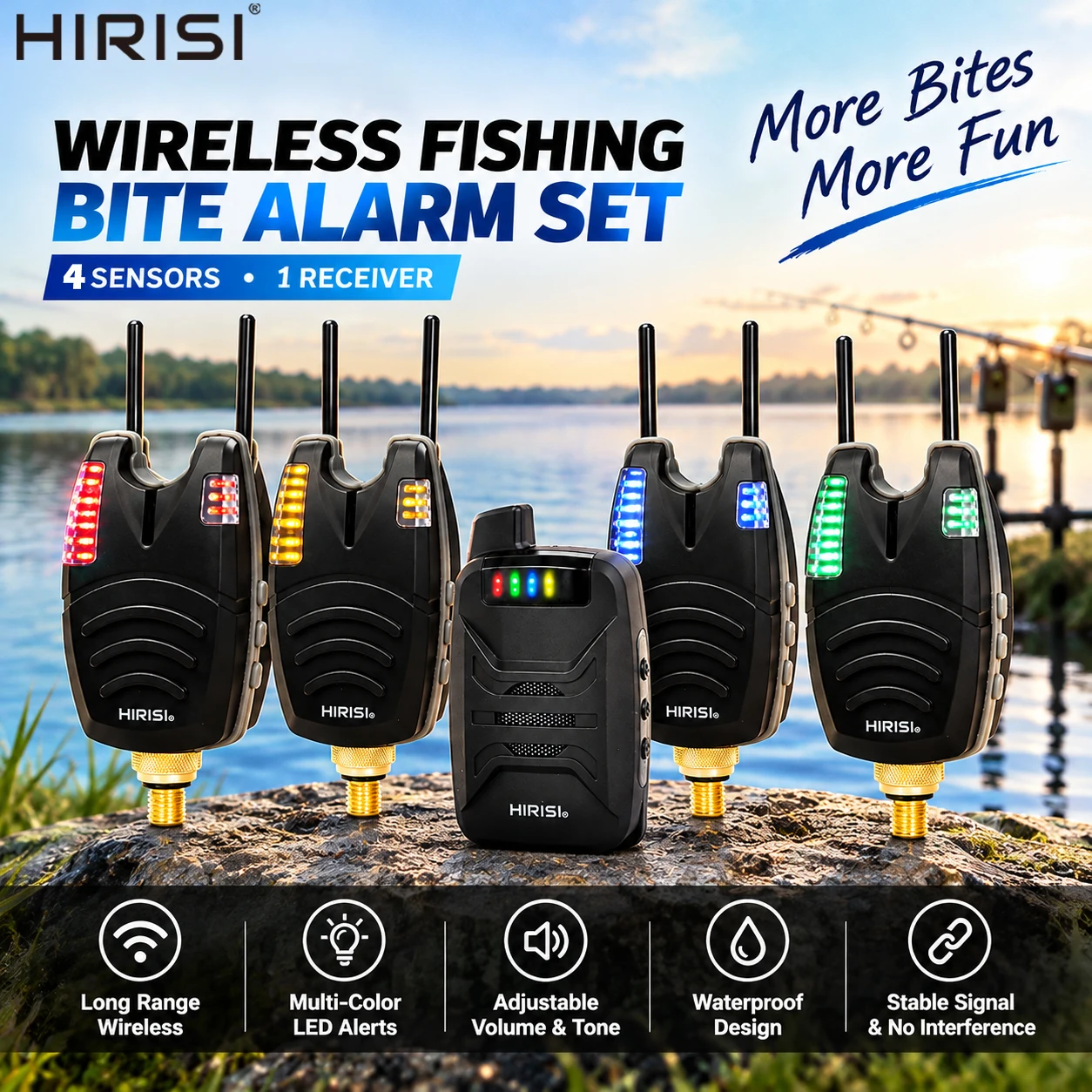 hirisi-b1230-carp-fishing-bite-alarm-set-1-4-receiver-waterproof-led-adjustable-volume-tone-sensitivity-rod-pod-bank-stick