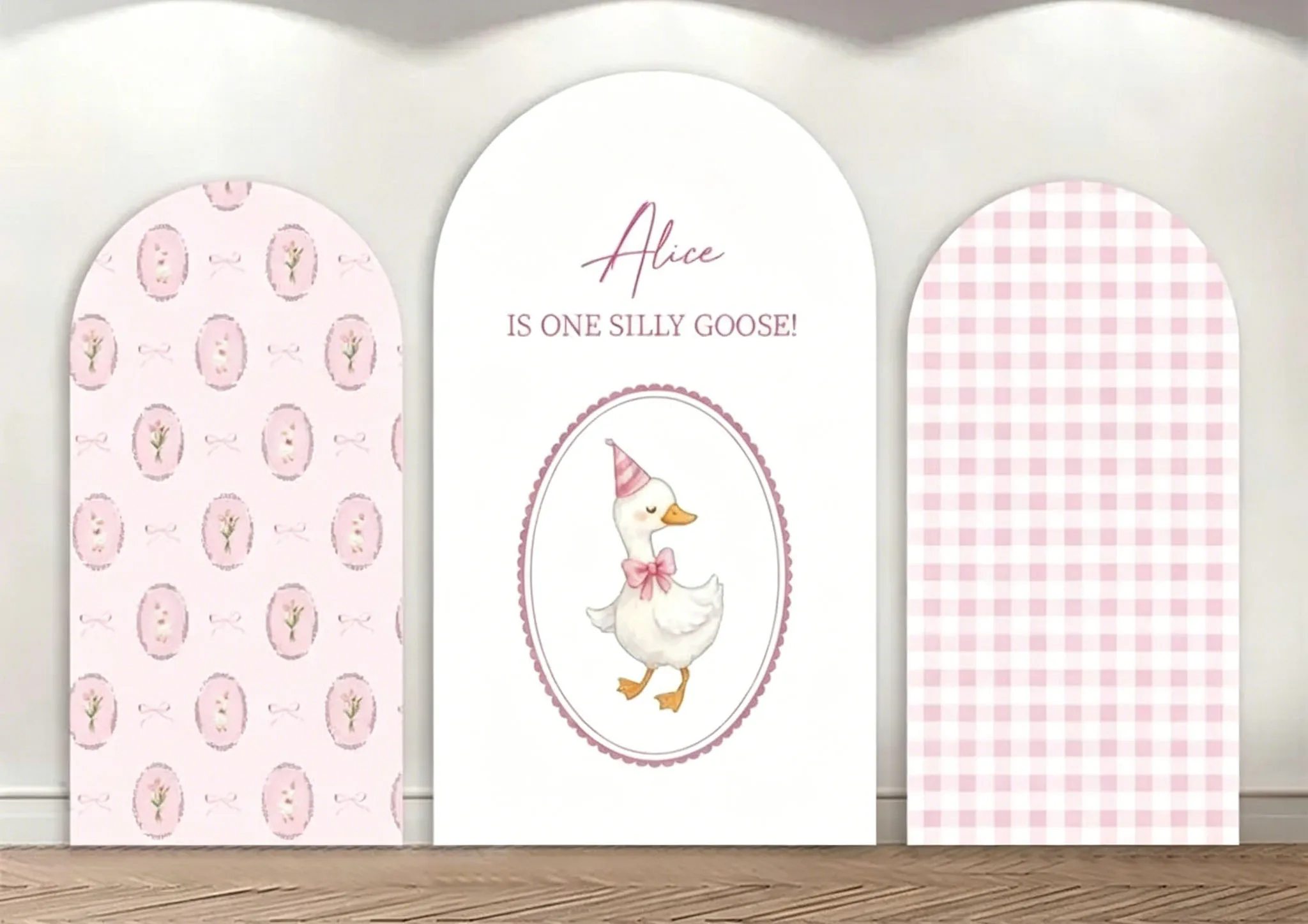 Custom 2-Sided One Silly Goose Baby Shower Arch Backdrop Cover Pink and White Squares Birthday Party Photography Background