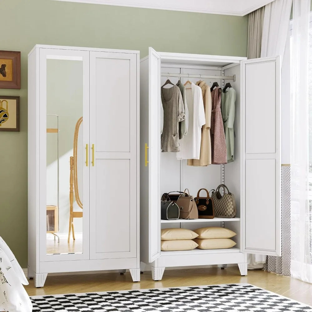 

Metal Armoire Wardrobe, 71" Tall Bedroom Closet with Mirror, Adjustable Shelves,&Hanging Rod, Steel Clothes Closets and Storage