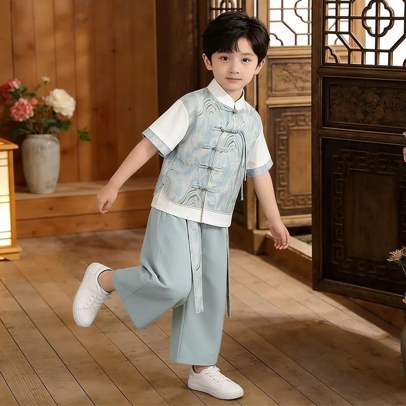 Chinese Hanfu Boys' Short Sleeve Set 2026 New Kids' Summer Top Pants 2-piece Set Children's Ancient Performance Costume SetLJ691
