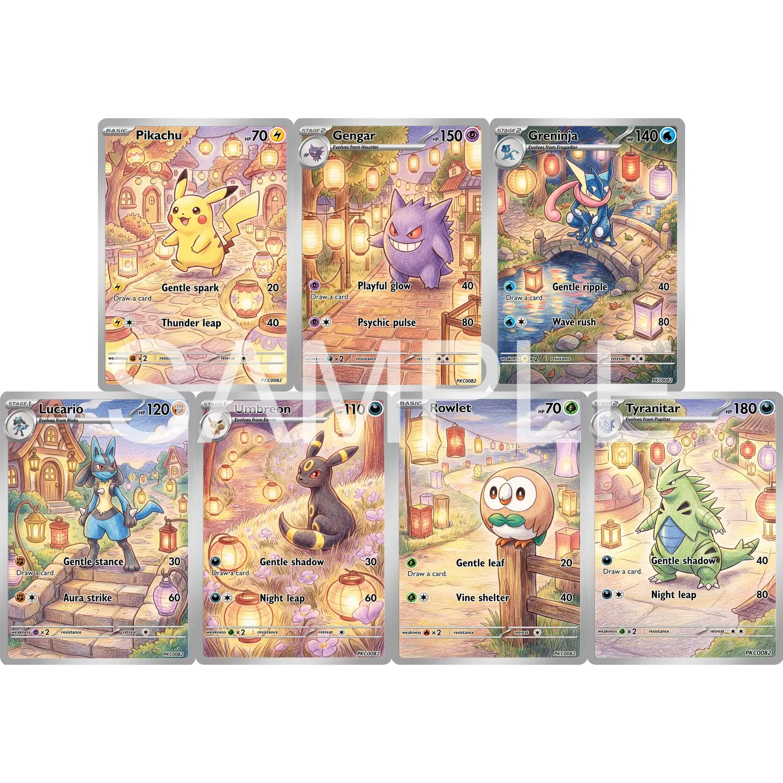 7Pcs PKM Cards PTCG Colored Pencil Storybook Style Gengar Greninja Lucario Umbreon Rowlet Tyranitar Art Collection Cards PTCG