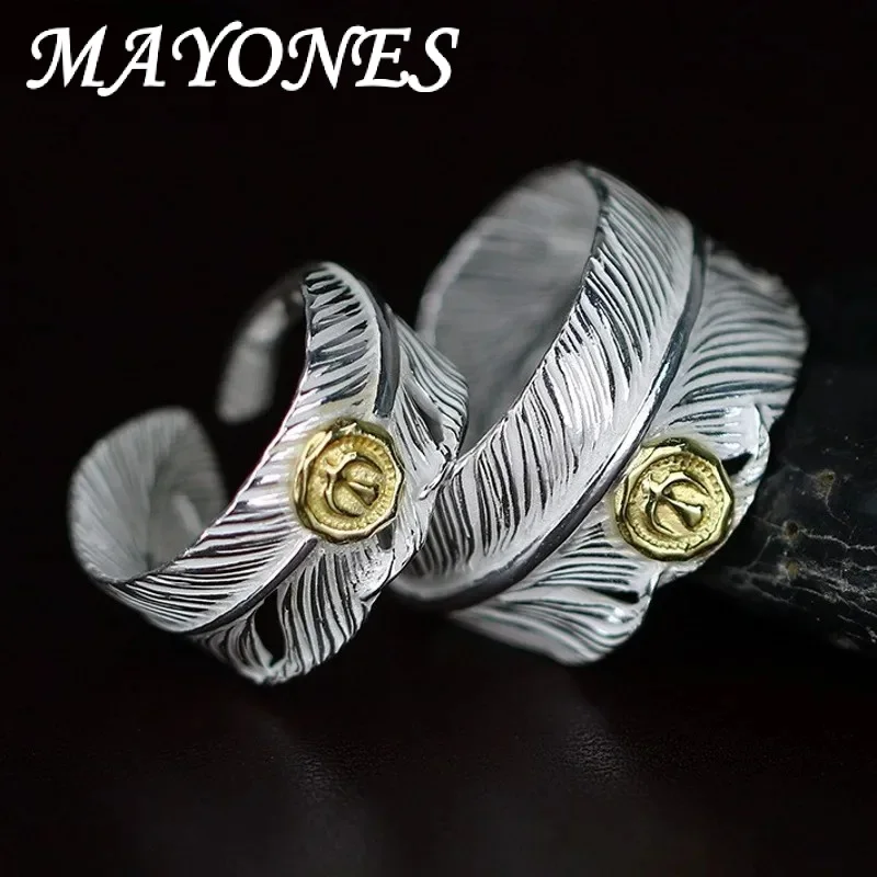 Real S925 Silver Jewelry Accessories Fashionable New Gold Point Feather Man and Woman Rings Beautiful Birthday Gifts