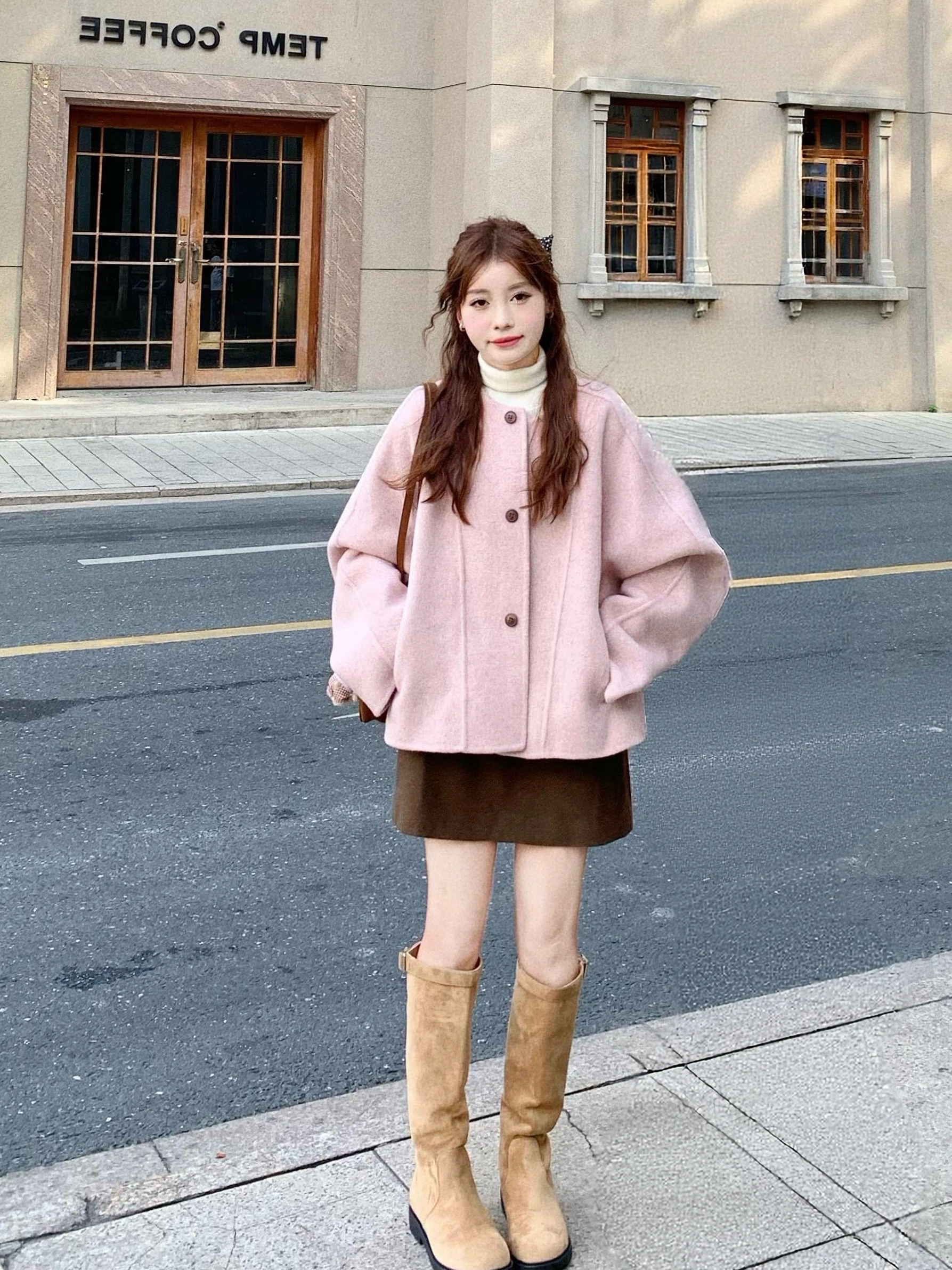 

Sweet Princ Sle ort Pink Woolen Coat Women's Faion Outerwear Thiened Autumn Winter Coat with kets Long Sve