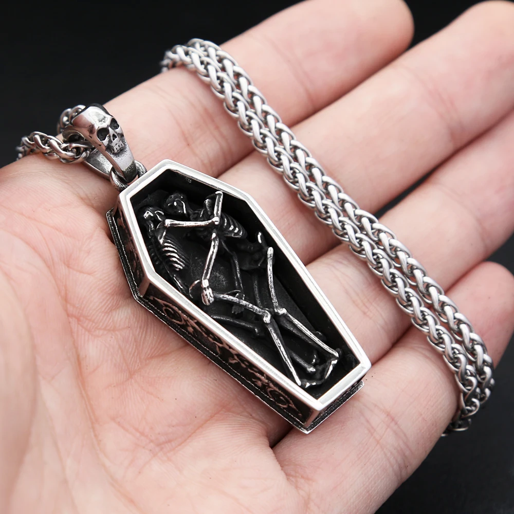 Gothic Vintage Stainless Steel Double Skull Coffin Pendant Necklace For Men Punk Vampire Skeleton Necklaces Biker Jewelry Gifts