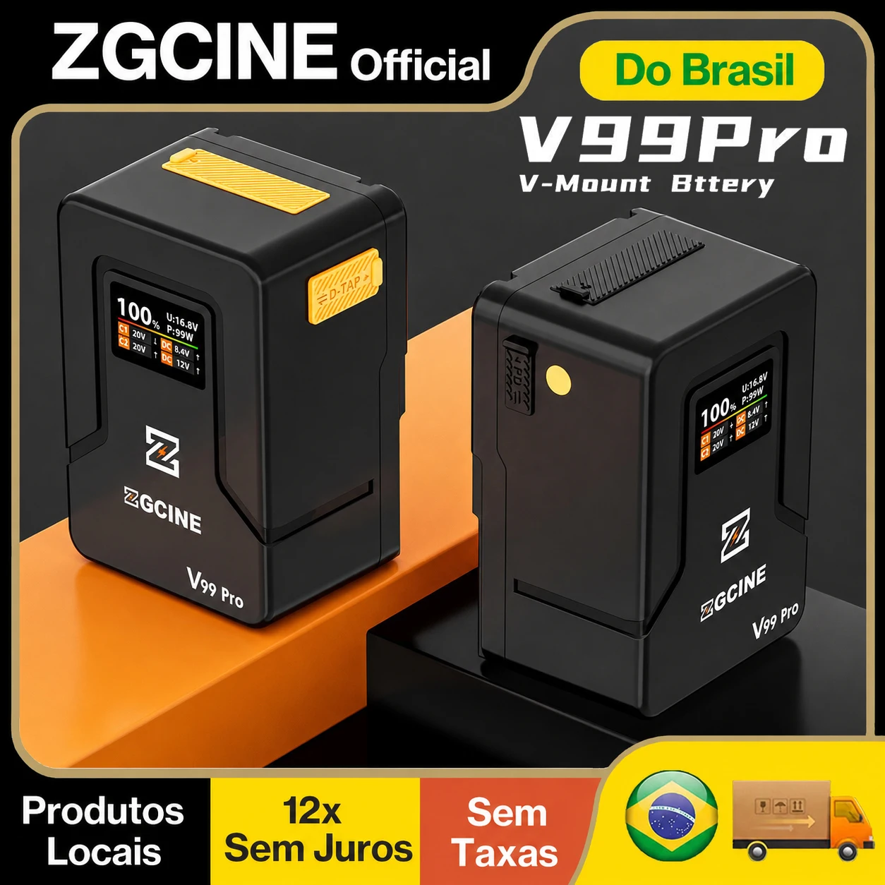 【Do Brasil】Bateria V-Mount ZGCINE ZG-V99PRO 95Wh 6400mAh USB-C PD 100W Carregamento Rápido Carga Completa em 1,5h Tela OLED D-Tap DC para Sony FX3 FX30 Canon C70 R5C BMPCC 6K Pro Rig de Câmera Iluminação LED Monitor