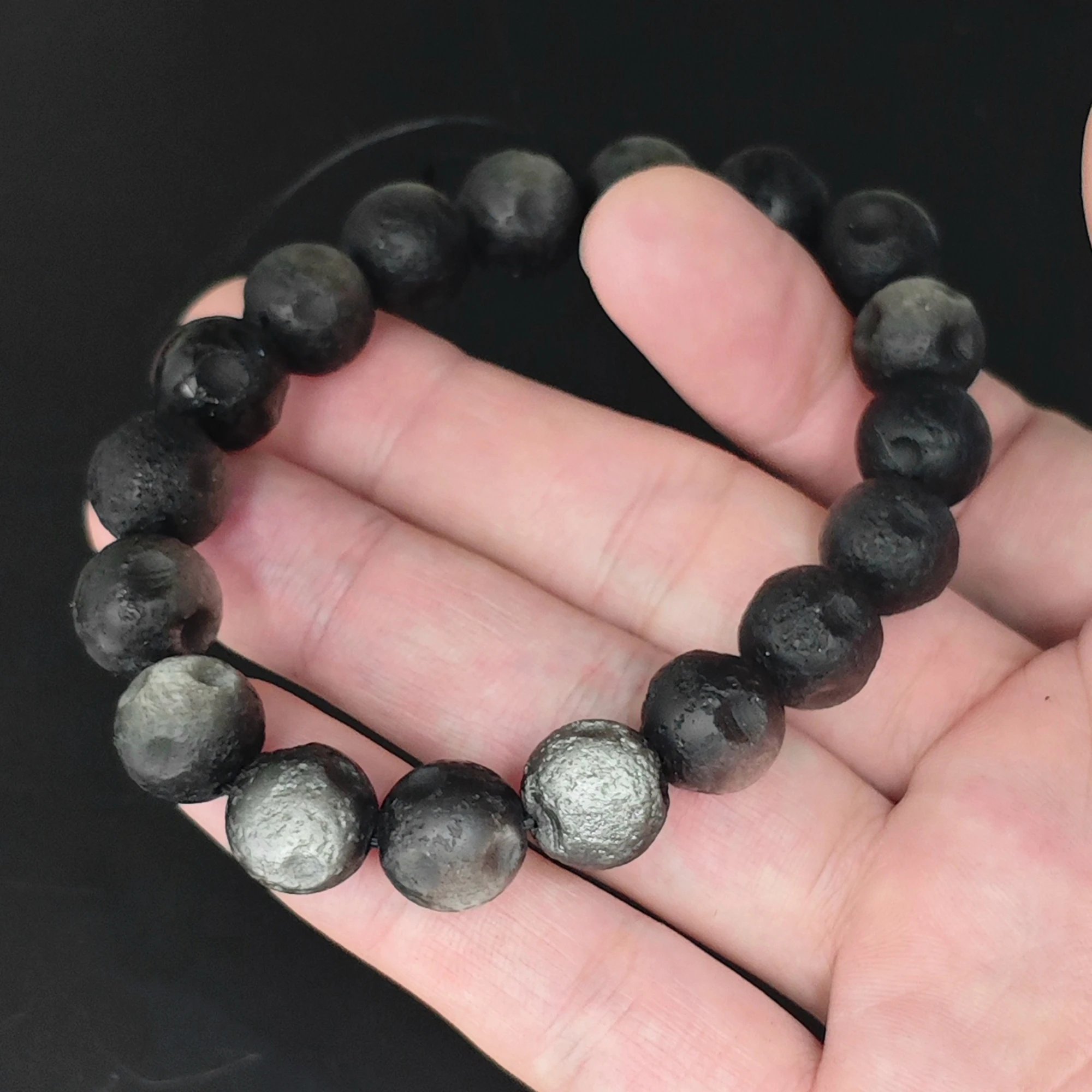 Moon Crater Surface Silver Obsidian Bead Bracelet Machine Textured Spherical Gemstone Strand Stretch Wristband Gift