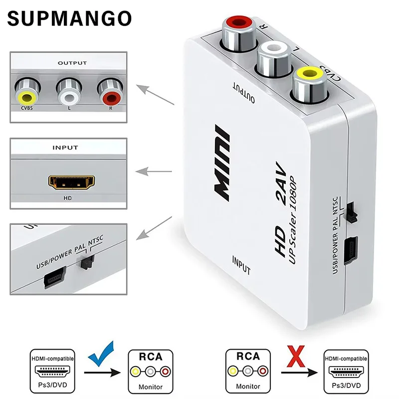 HDMI-compatible To AV RCA Adapter Converter MINI Box RCA AV CVSB LR Video Composite AV Scaler Converter For PC HDTV Projector