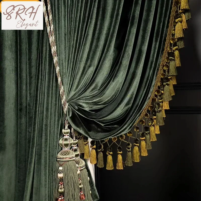 

Luxury Retro Dark Green Velvet Tassels Thickened Blackout Curtains For Living Room Bedroom French Window Villa Customization