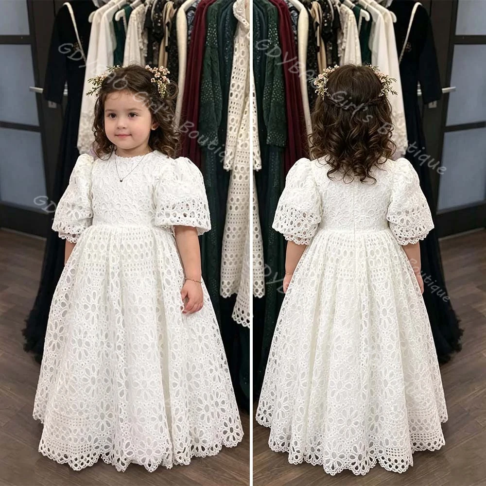 Vintage Eyelet Lace Flower Girl Dress for Wedding Toddlers High Waist Balloon Sleeve Princess Communion Dress Custom Party Gown