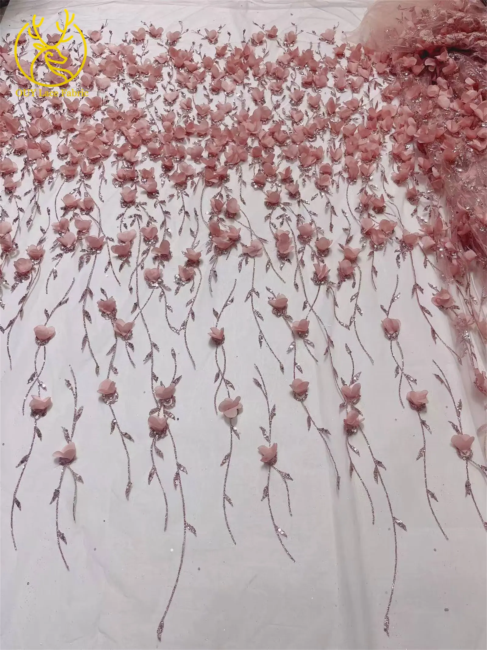 Tela de Encaje Floral Africana 3D de 5 Yardas, Tela de Encaje con Lentejuelas de Alta Calidad Estilo Francés Nigeriano para Vestido de Novia y Vestido de Noche