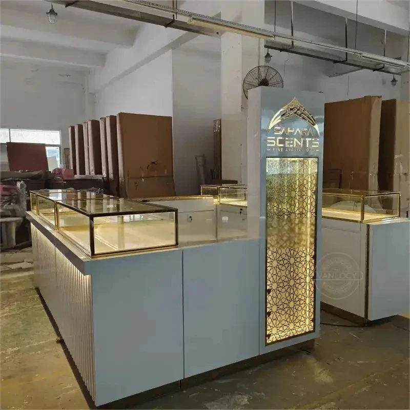 custom.VANLOCY Professional Knock Down Perfume Kiosk Factory LED Lighted Cosmetic Counter Design Shopping Mall