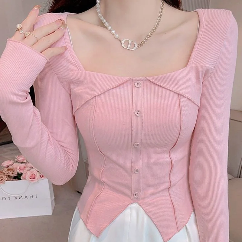 

plus Size 300 Pounds Women's T-Shirt Long Sleeve Autumn Style Korean Loose Fit Button Detail Wooden Split Pink Top