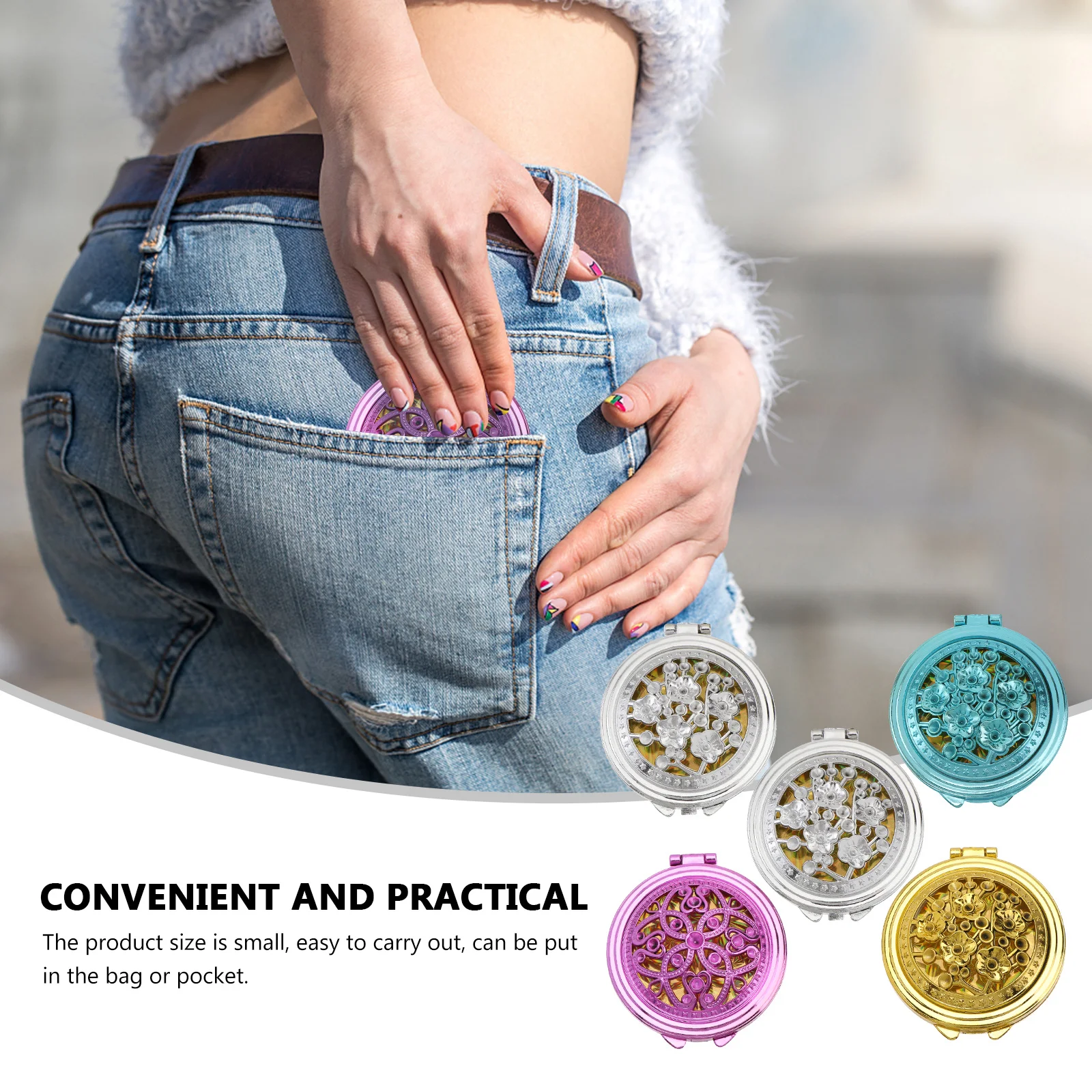 5-delige draagbare spiegel uitgehold patroon opvouwbare dubbelzijdige make-up kleine zak compacte reishandspiegel