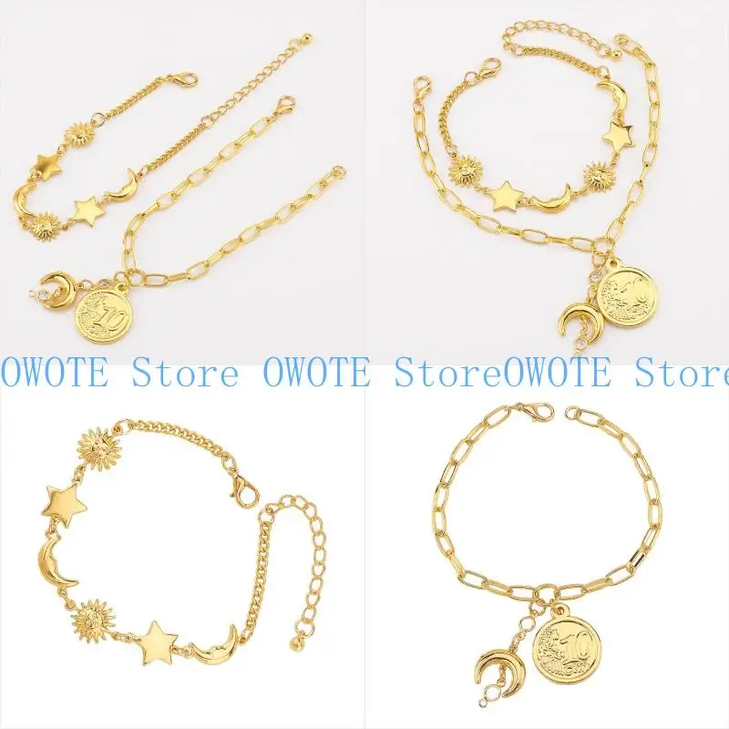 

A52E Trendy Adjustable 14K Gold Charm Wristband Moon Star Beach Jewelry Adjustable Charm Chain Wrist Decoration For Women