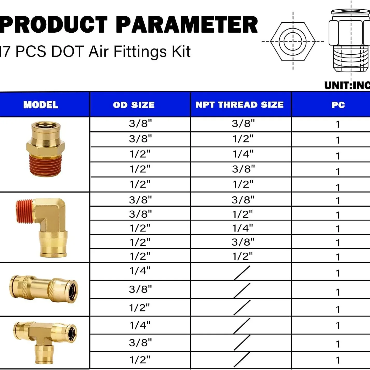 Brass DOT 1/4 3/8 1/2 Inch Quick Connect Pneumatic Fittings 17pcs Assortment Kit Brass Connectors