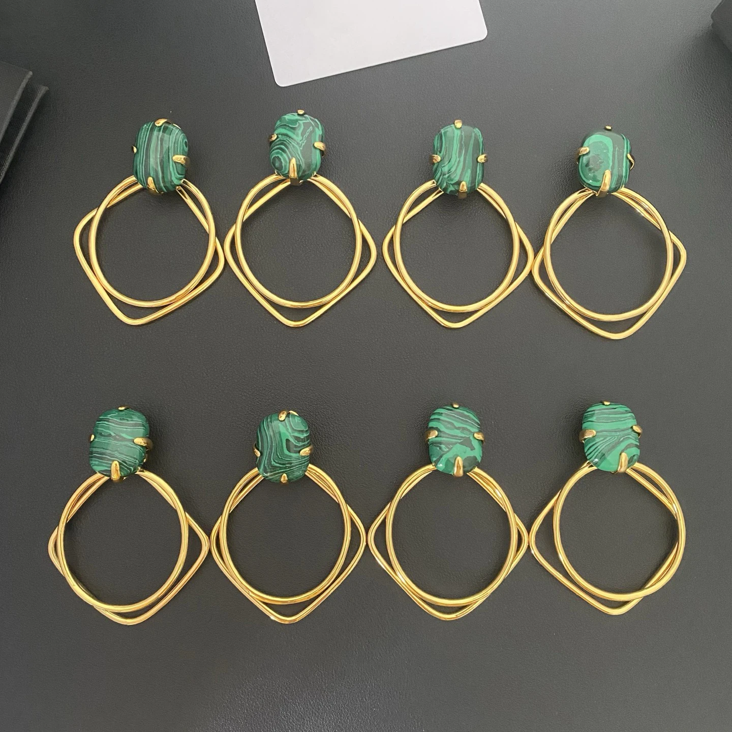 

Hot Designer Brass Plated Gold Green Malachite Geometric Earrings Big Ear Clip Women Vintage Luxury Jewelry