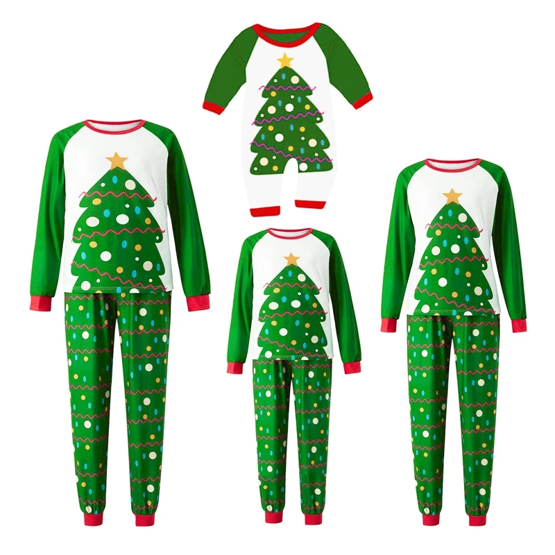 Family Matching Christmas Pajamas Sets with Reindeer Print Tops and Striped Pants for a Festive Holiday Look