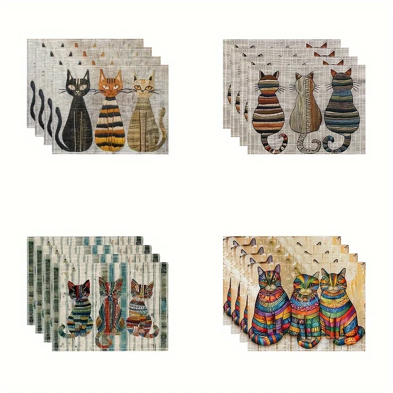 4pcs Linen Placemat, Kitten Pattern Insulated Placemat,Coffee Coaster Decoration, Bowl Mat, Insulated Dinner Plate Mat