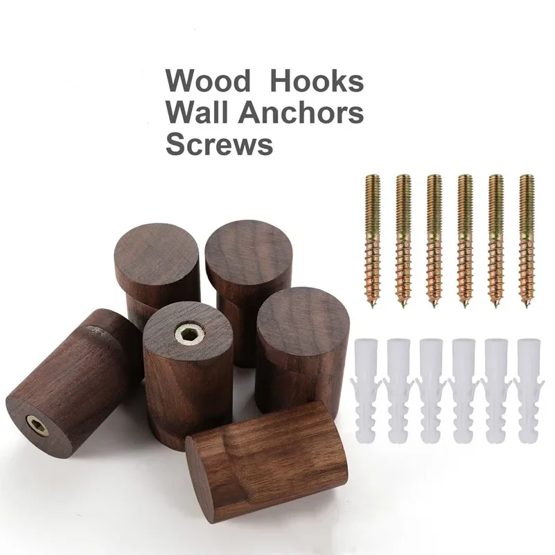 5pcs Walnut Wooden Wall Hooks Non-slip Hook For Coats Bags Hats Key Hanger With Screws Kitchen Bathroom Decor Organizer Hooks view 4