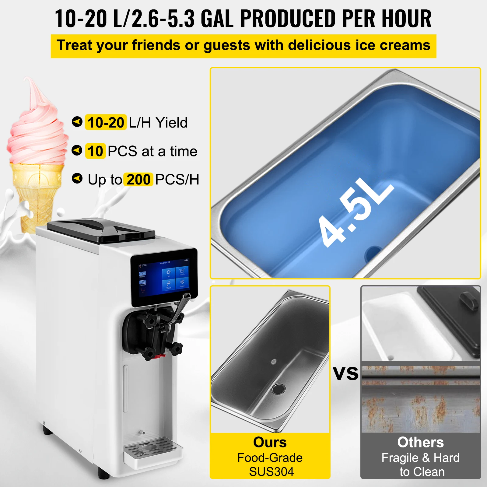 VEVOR Máquina de Helados Comercial 50 Hz Máquina de Helado Suave Blanco 10-20L por Hora Máquina para Hacer Helados Suaves 550 x 210 x 680 mm en Cafeterías, Buffets, Tiendas de Bebidas, Restaurantes