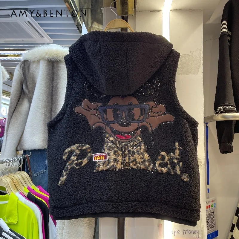 

Winter Trendy Beautiful Y2k Oversized Hoodies Waistcoat Women's Loose Casual Slimming Hooded Cartoon Heavy Industry Vest Jacket