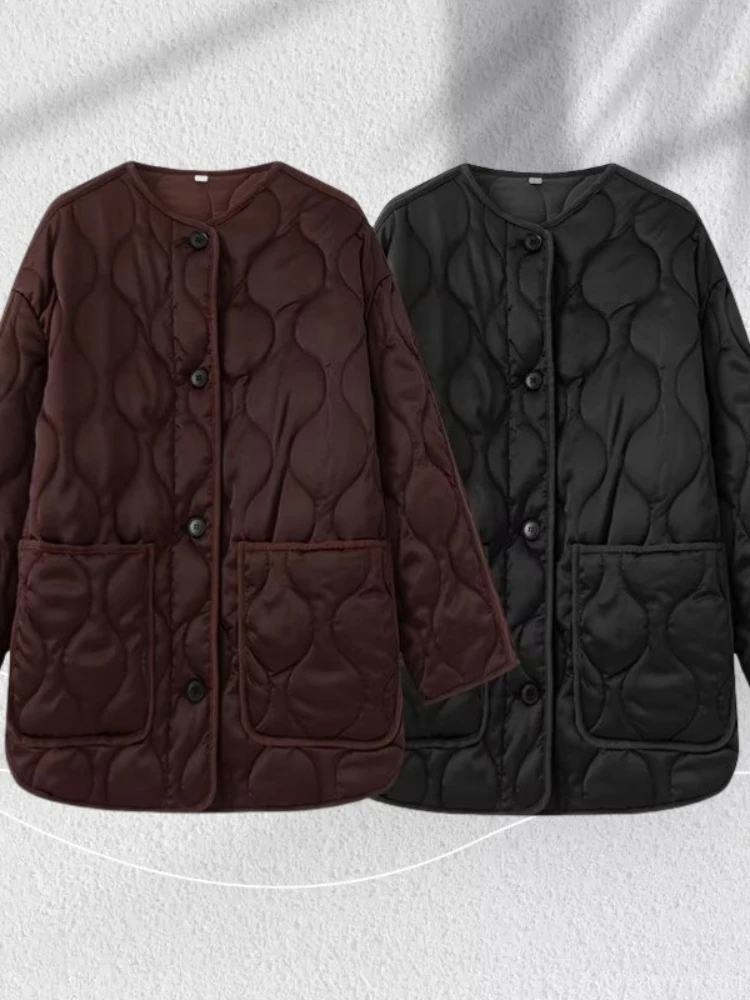 

2025 New European and American Women's Wear Silk Texture Round Neck Cotton Jacket Coat
