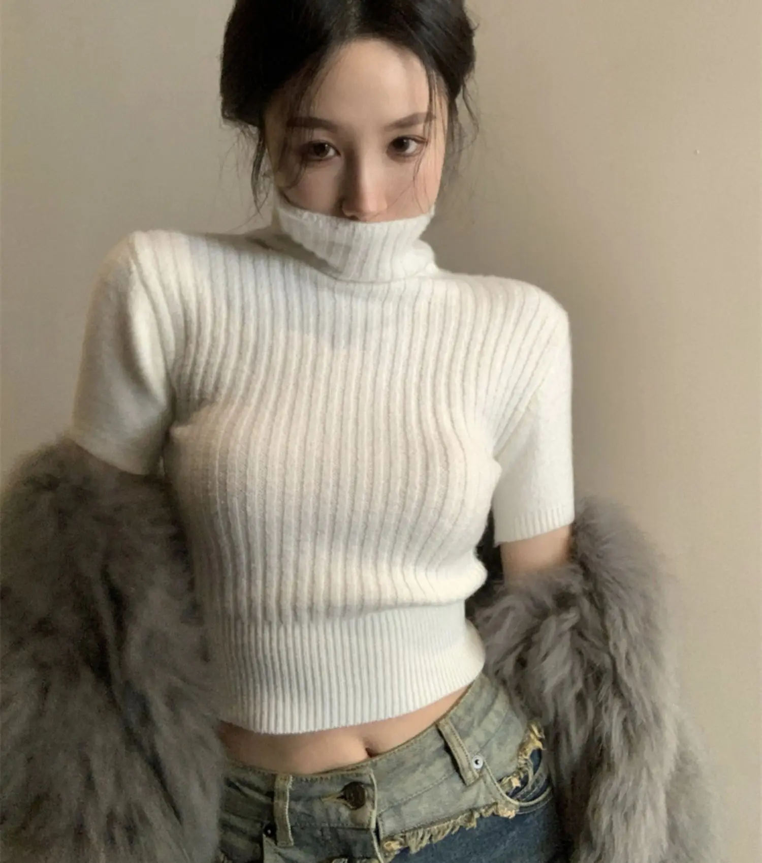 Korean Sle White Pile Collar Knit Women's Spring Clothes 2024 Tight Waist Slimming Inner wear Base Short sleeve Top Autumn