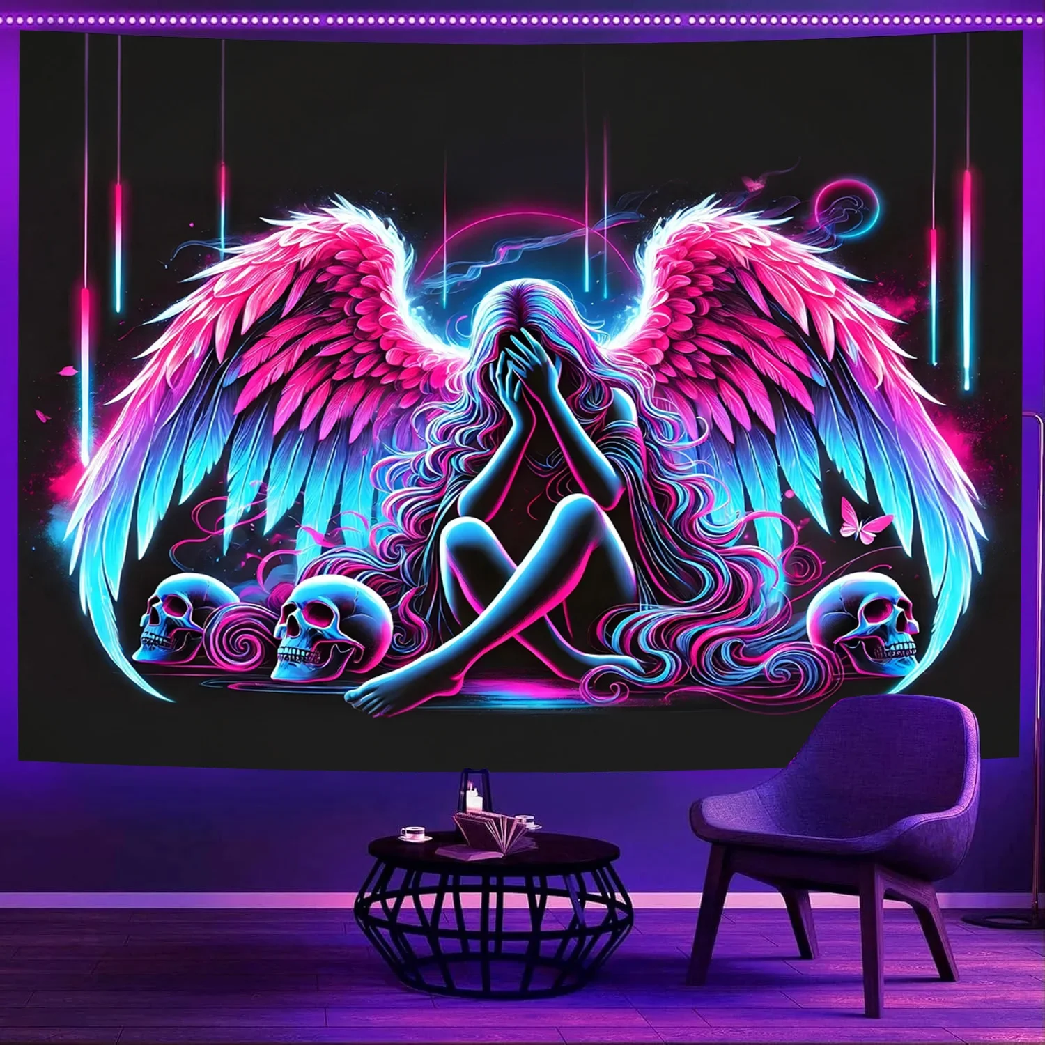 UV Reflective Neon Tapestry Pink Wings Evil Angel Home Bar and Outdoor Decoration Fantasy Pattern Suitable for Living Room