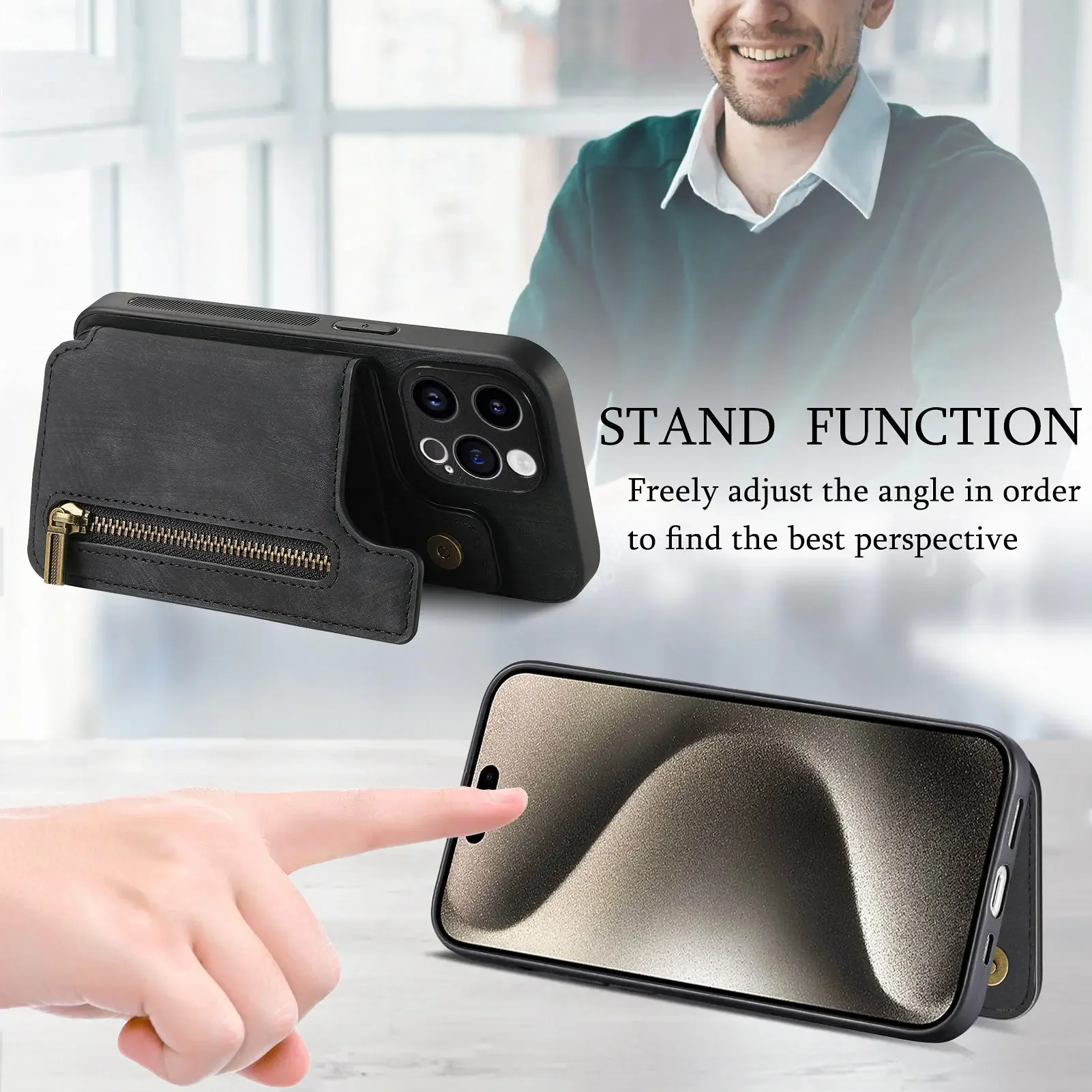 Leather Zipper Wallet with Card Holder Phone Case for IPhone 15 14 11 Pro Max 13 12 Mini X XR XS Max 8 7 Plus Shockproof Cover