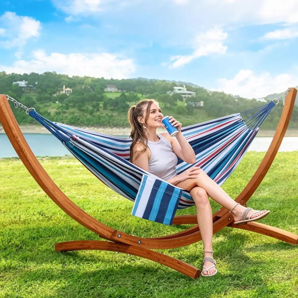Outdoor Hammock with Stand Included, Portable Hammock with 10 ft Wooden Stand, Blue Stripes