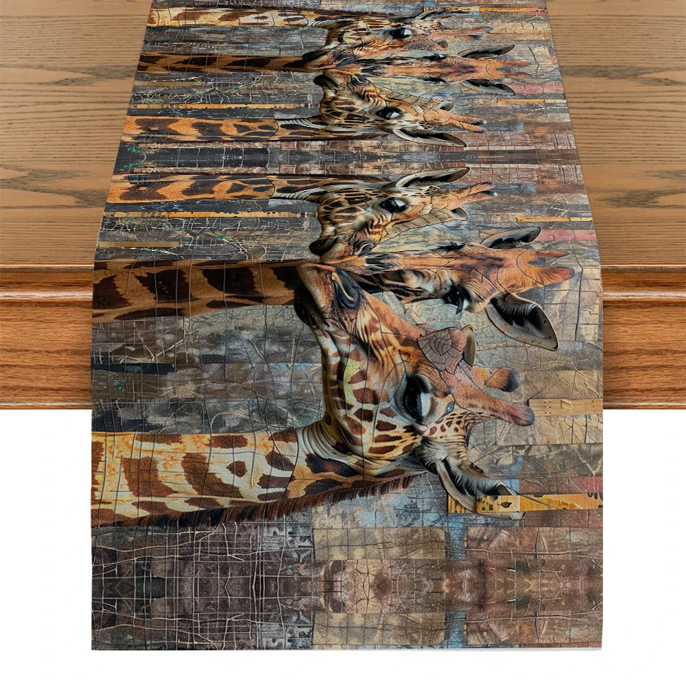 Wooden Giraffe Watercolor Table Runner Kitchen Dining Decoration Table Runners Holiday Decorations Room Decor