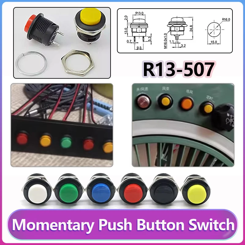 

R13-507 1~100pcs Momentary Push Button Switch Black Blue Red White Yellow Green 16mm 2Pins 6A/125VAC 3A/250VAC Round Switches