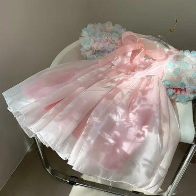 Summer New Korean Children's Wear Children's Girls' Flower Bubble Sleeve Princess Dress Baby Fairy Dress