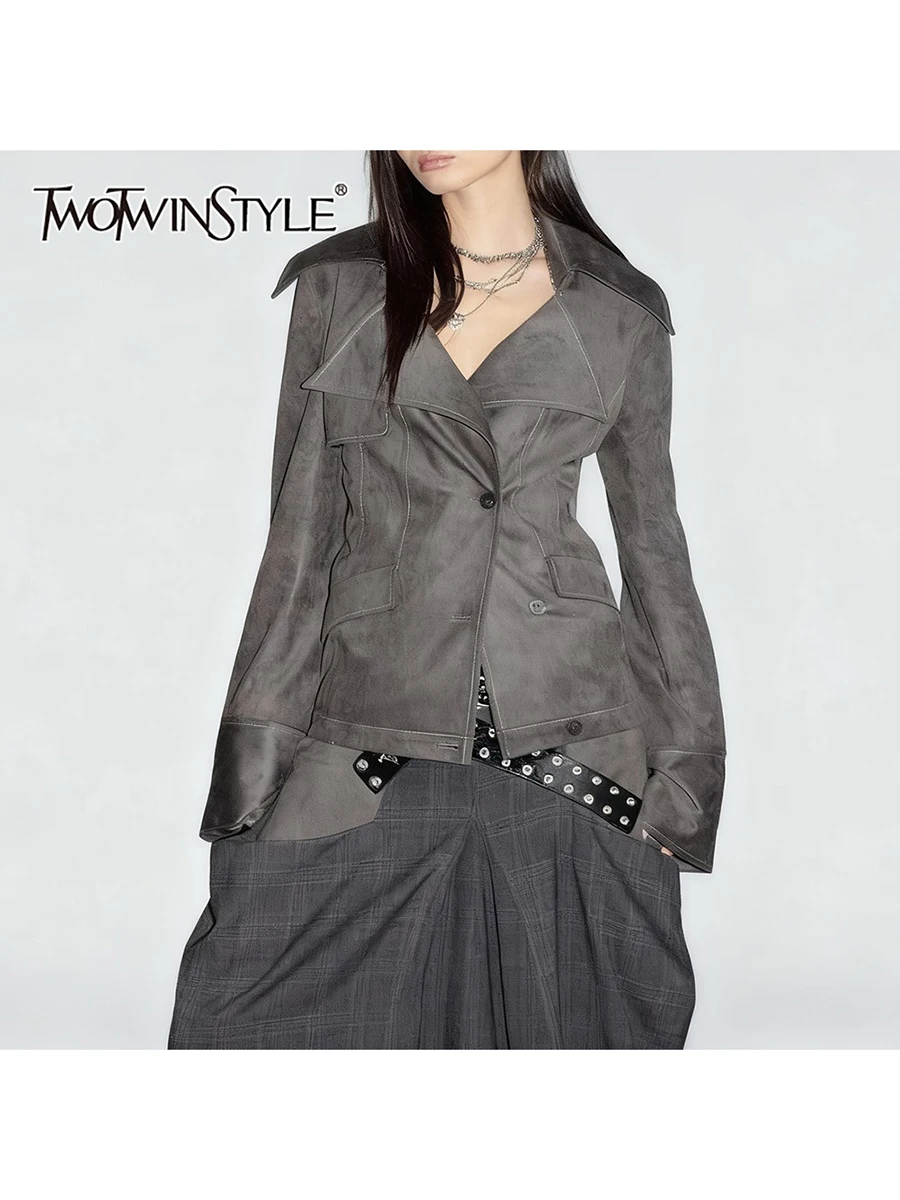 

TWOTWINSTYLE Solid Spliced Pockets Basics Jackets for Women Lapel Long Sleeves Tunic Patchwork Buttons Fashion Jacket Female New