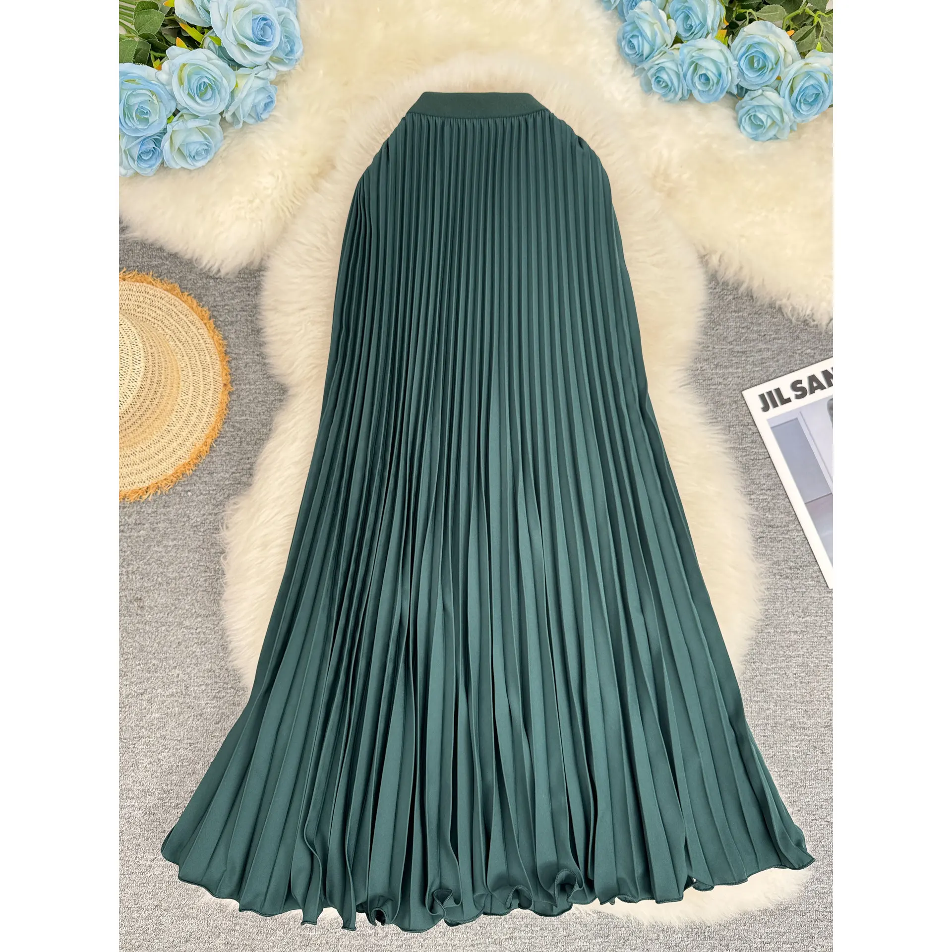 Women Skirts Solid Skirt Pleated A Line Ankle Length Elastic Empire Waist Slight Strech Loose Fit Casual Office Lady 2026 Spring