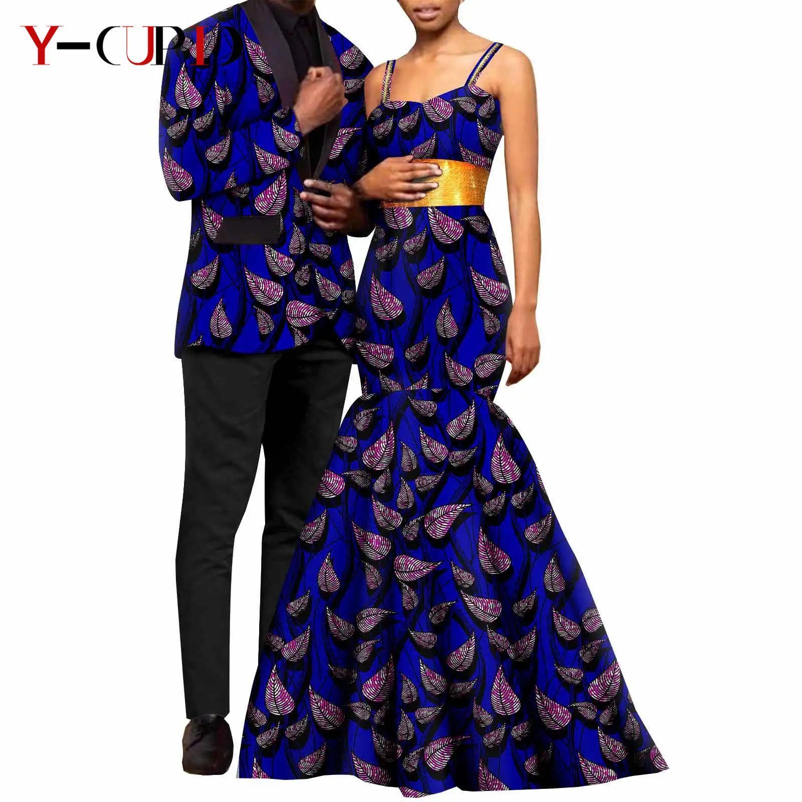 

African Print Long Dresses for Women Matching Men Suits Outfits Dashiki Ankara Jackets Coats Bazin Riche Wedding Wear Y23C065