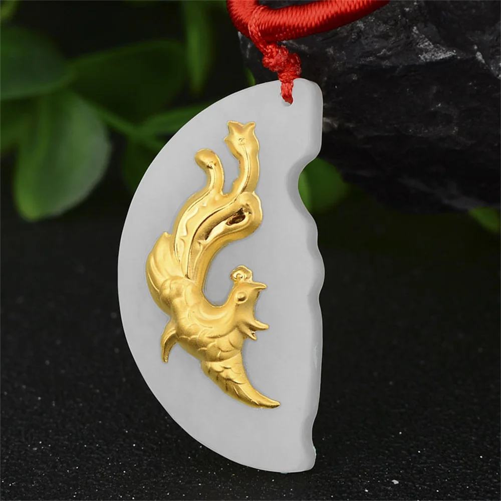 Retro Natural White Hetian Jade Solid Gold Inlaid Dragon Phoenix Pairs Pendant Amulet Necklace Certificate Vintage Gift Jewelry