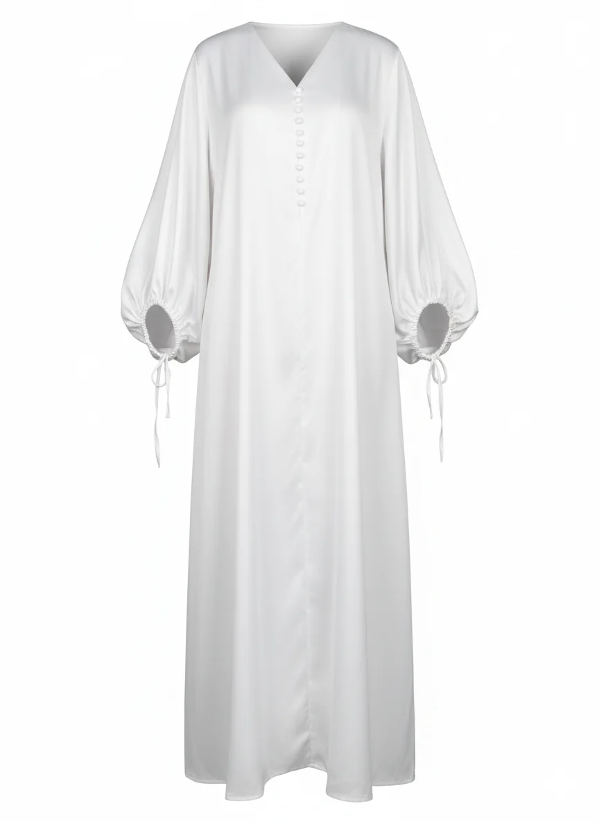 UOOZEE Women's Elegant Drawstring Puff Sleeves White Church Dress Loose Solid Color V-Neck Button Evening Maxi Dresses