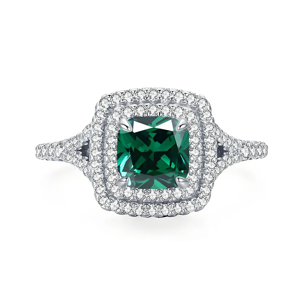 

double-layer micro-inlaid square s925 silver emerald ring European and American exquisite temperament colored zirconium jewelry