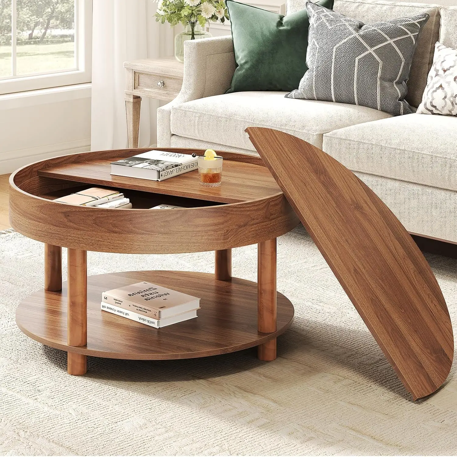 Round Coffee Table 2-Tier Storage Walnut Living Room, Customized