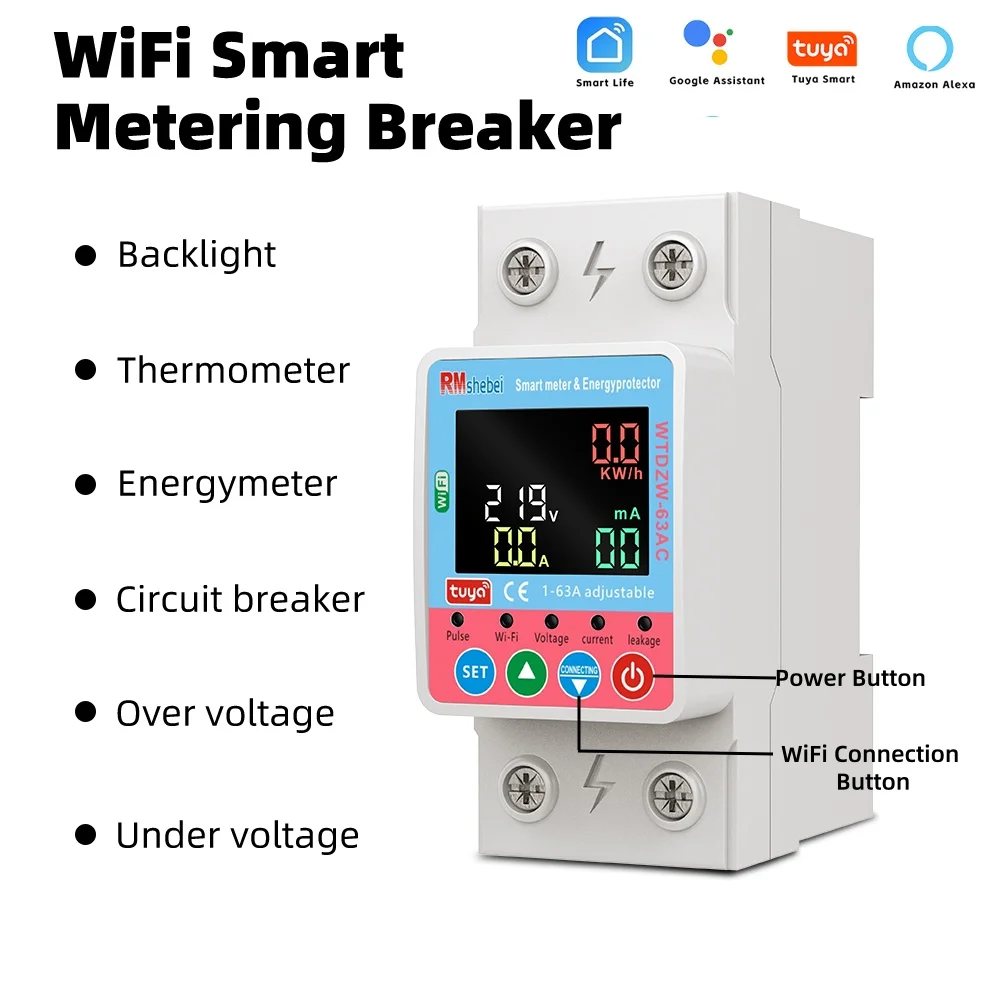 RMshebei Tuya Smart WiFi Circuit Breaker 220V 2P 63A Remote Control Auto Reclosing Over-Voltage Overload Leakage Protection