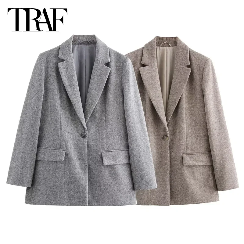 TRAF Tweed Twill Outerwears Women's Blazer Office Wear Women Long Sleeve Coats Women's Suit Jacket High Quality Women's Blazer