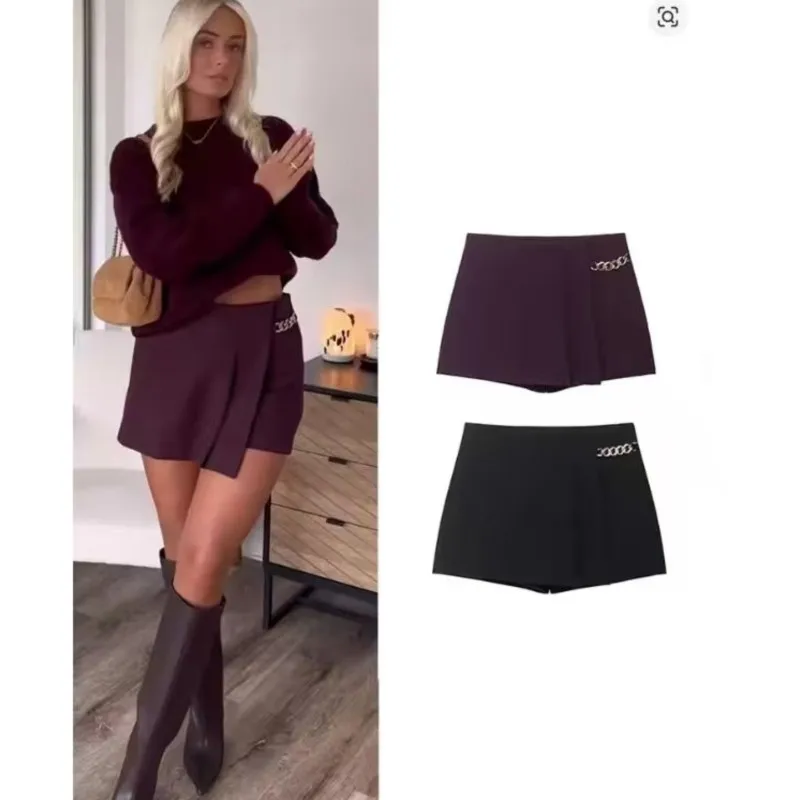 

Женские широкие плиссированные повседневные шорты с цепочкой, высокой талией и свободной посадкой, свободная мини-юбка Модные и универсальные шорты