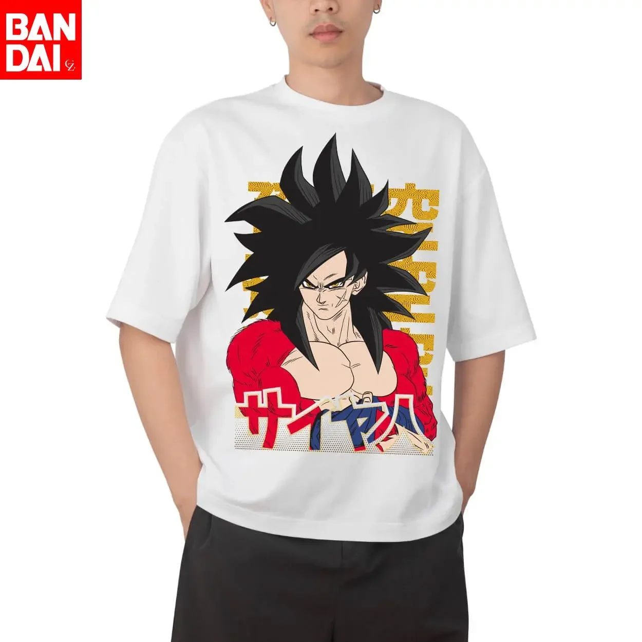 

Dragon Ball GT Goku Super Saiyan 4 Form Japanese Katakana "Saiyan" & Halftone Background Print Oversized Cropped Cotton T-Shirt