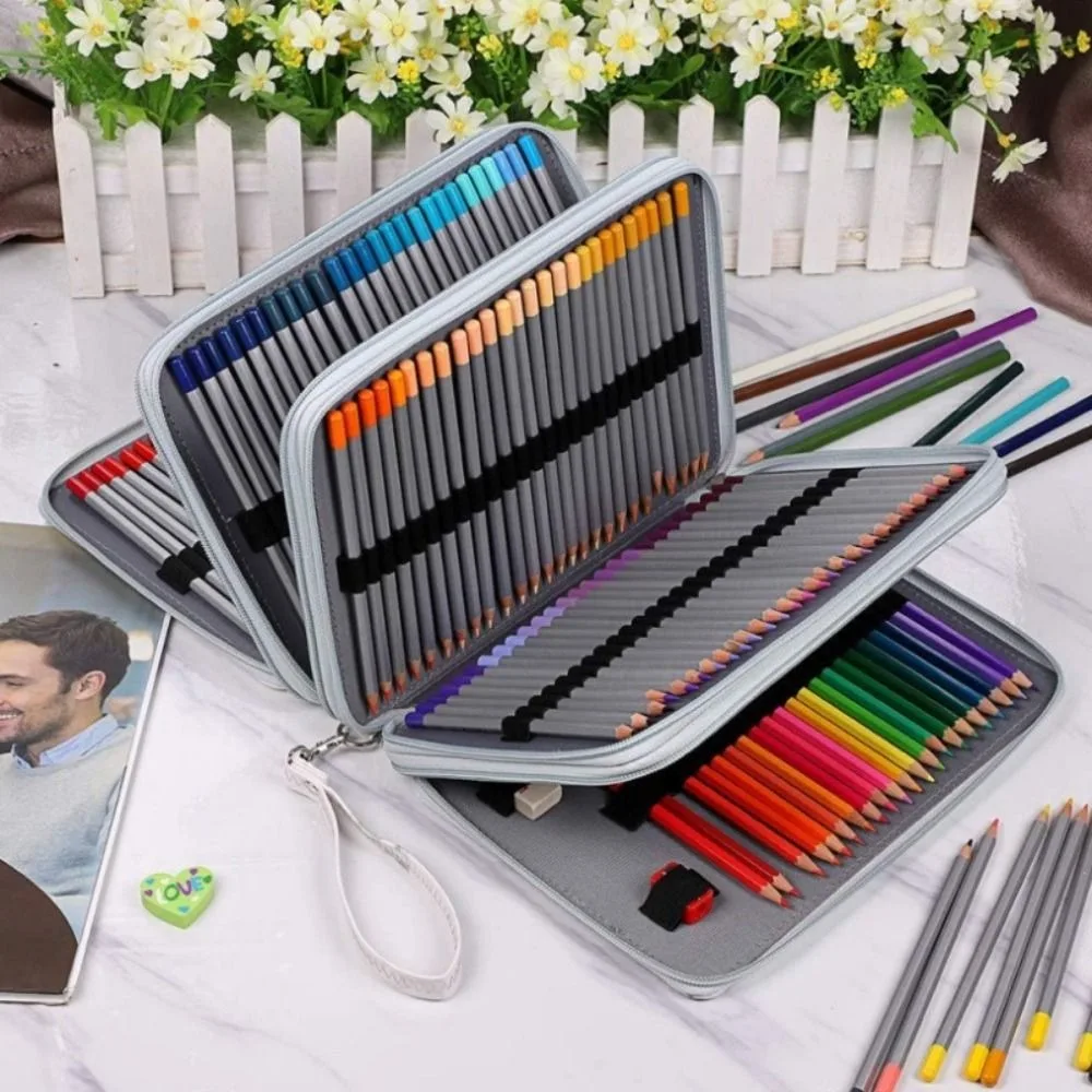 200 Holes Colored Lead Pencils Storage Bag 5 layer Portable Large Capacity Case Holder Waterproof PU Leather Student Pen Case