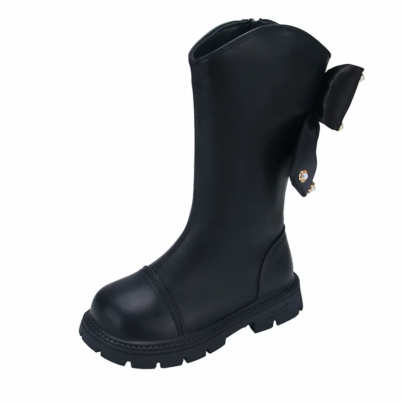 2025Winter New Kid Christmas Shoes Comfort Girl Rhinestone Middle Leather Boot Simple Versatile Child Bow Princess Leather Boots