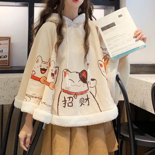 Imagen 2 del producto Primavera Otoño 2026 Capa de Forro Polar con Capucha y Orejas, Estilo Harajuku Kawaii, con Diseño de Gato de la Suerte Japonés, Holgada, Tipo Jersey con Manga Murciélago