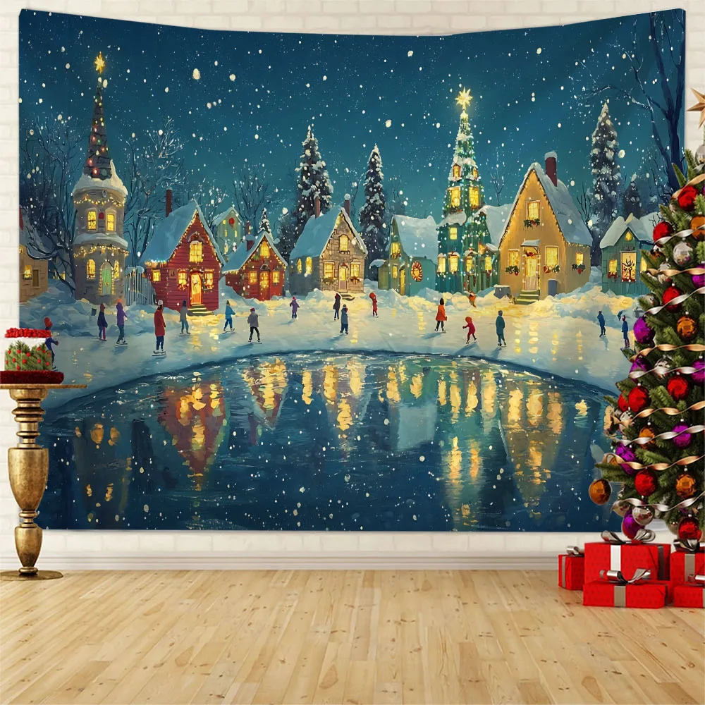 

Christmas snow scenery ice skating tapestry wall hanging, holiday background posters, Christmas gifts, home decor bed sheets