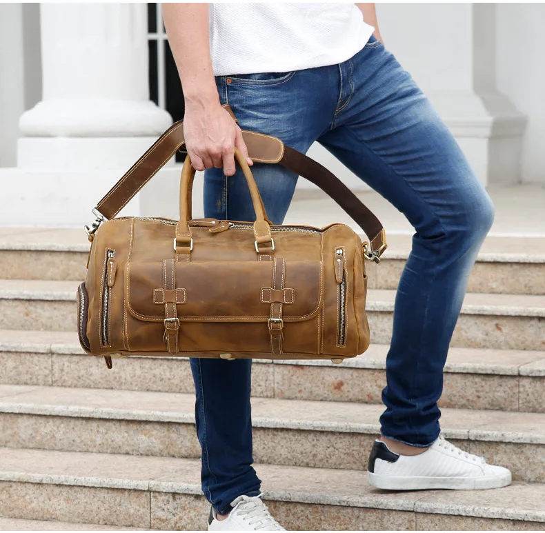 Bolsa de viagem masculina de couro retrô europeu e americano, bolsa de mão de grande capacidade, sapatos de academia, bolsa de bagagem de mão de couro de cavalo louco